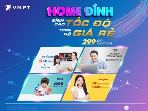 HOME ĐỈNH: Internet cáp quang (100Mbps) + Di động (60GB data 4G, 50 phút, 1.000 phút...) + Truyền hình cáp quang 180 kênh.